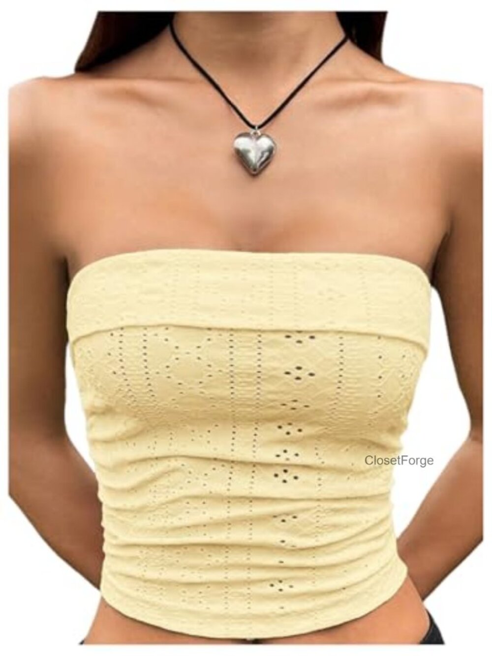 Women's Eyelet Embroidered Strapless Ruched Slim Fit Crop Tube Top